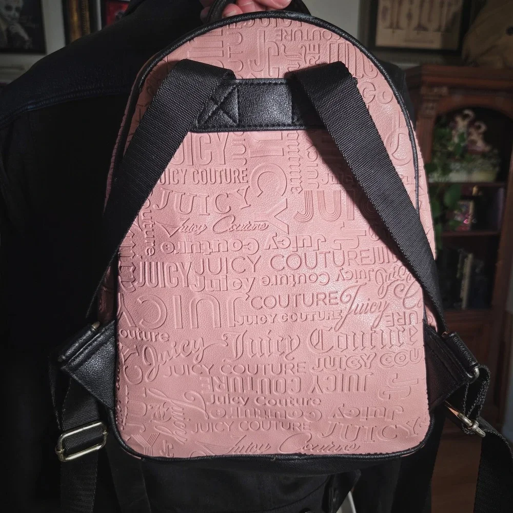 Juicy Couture Pink Embossed Logo Mini Backpack Black Trim Gothic Logo Band
